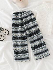 1pc Autumn/Winter 3-7Y Kids Fleece Random Asymmetrical All-Over Print Long Pants, Suitable For Daily Wear And Outdoor Casual Activities - Multicolor - View 2