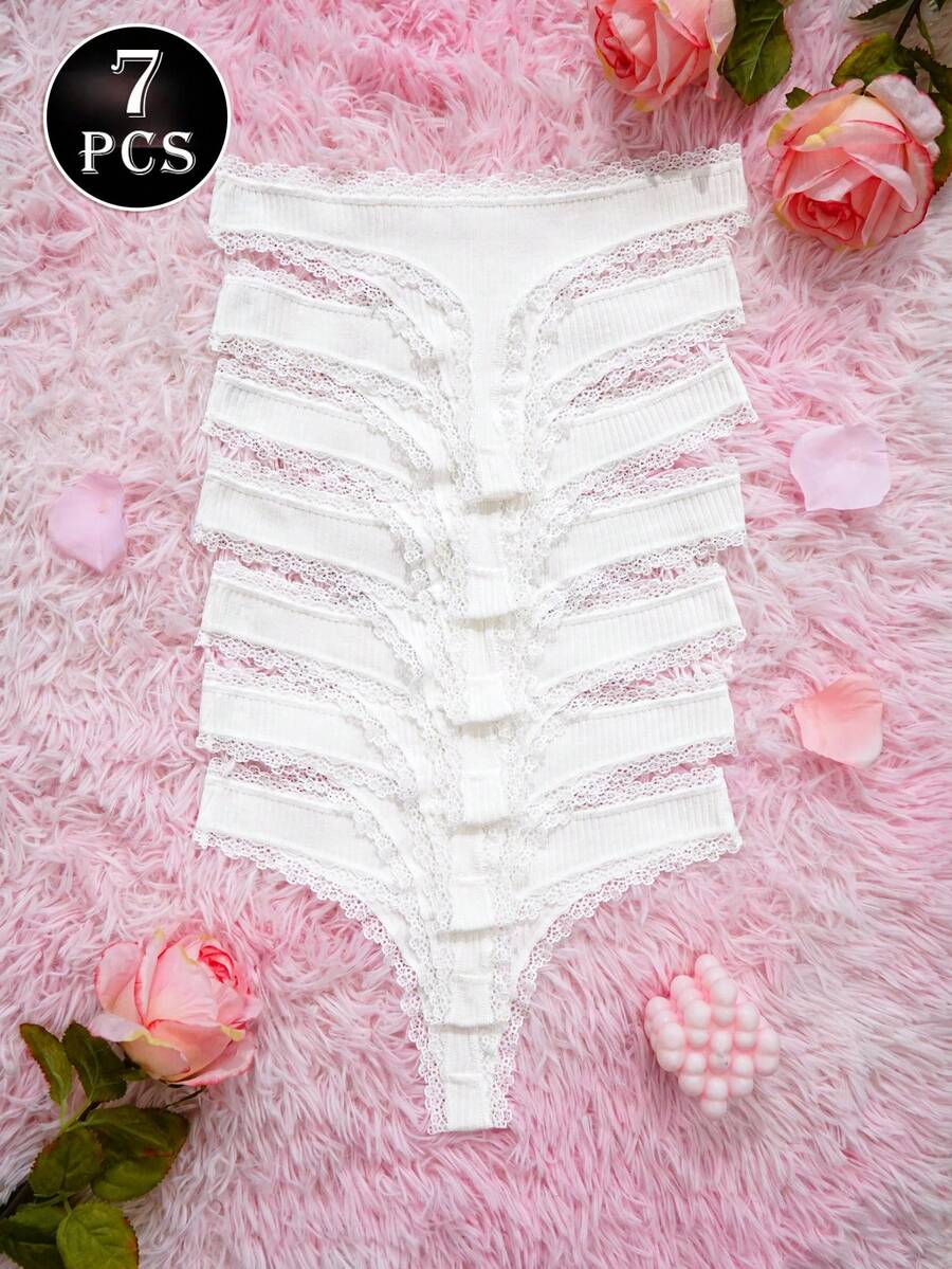 7 Pcs Ribbed Cotton Thongs Panties For Women Lace Trim Bow Decorate Soft Touch Comfy Daily Wear, White - White - View 1