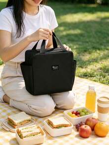 1pc Large Capacity Portable Insulated Lunch Bag, Waterproof Aluminum Foil Handbag, Polyester Material, Rectangular Design, Suitable For Travel And Commuting - Black, Back To School Season - Multicolor - View 1