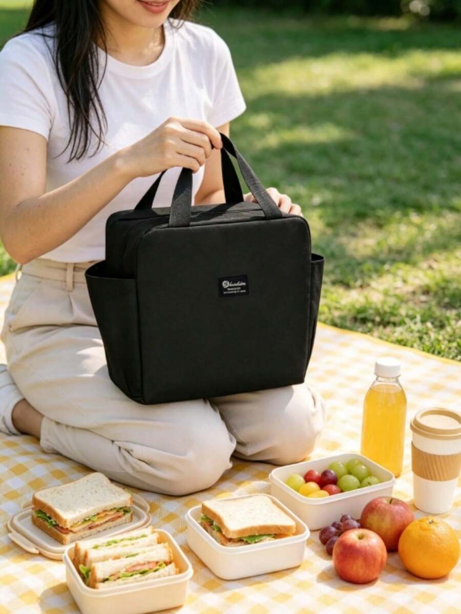 1pc Large Capacity Portable Insulated Lunch Bag, Waterproof Aluminum Foil Handbag, Polyester Material, Rectangular Design, Suitable For Travel And Commuting - Black, Back To School Season - Multicolor - View 1