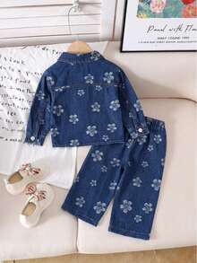 Infant Vintage Jacquard Floral Denim Outfit, Kids Turn Collar Metal Button Jacket Loose Capri Pants, Baby Fashionable 2-Piece Set For Outings - Dark Wash - View 2