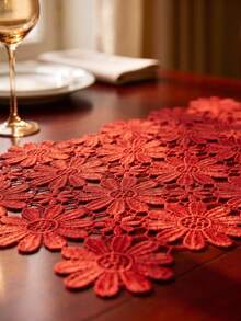 HXARTMIS 1件刺繡鏤空雛菊花卉蕾絲桌旗，復古田園風餐桌裝飾，適用於餐桌、婚禮派對與居家裝飾 - 紅色 - 查看 4