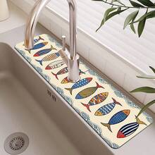 1pc Sink Faucet Absorbent Mat, Fish Pattern Drainage Pad, Suitable For Kitchen, Bathroom Sink, Countertop, Drainage Mat, Diatomaceous Earth Material, Trimmable, Quick Drying Mat - Multicolor - View 1