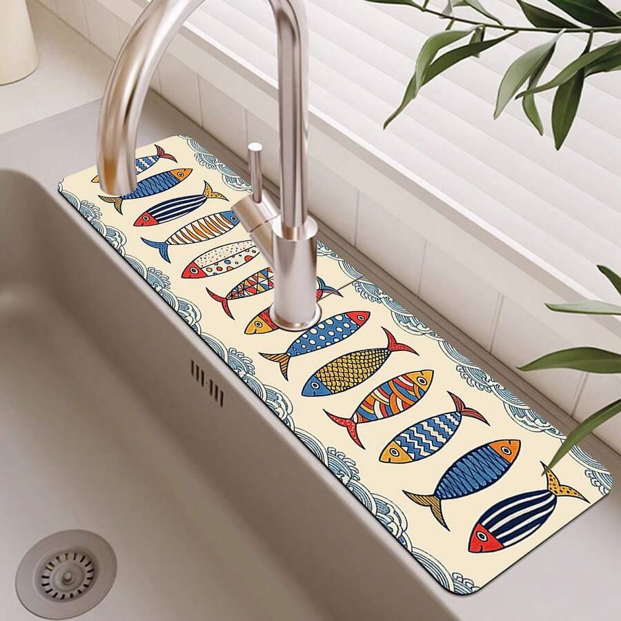 1pc Sink Faucet Absorbent Mat, Fish Pattern Drainage Pad, Suitable For Kitchen, Bathroom Sink, Countertop, Drainage Mat, Diatomaceous Earth Material, Trimmable, Quick Drying Mat - Multicolor - View 1