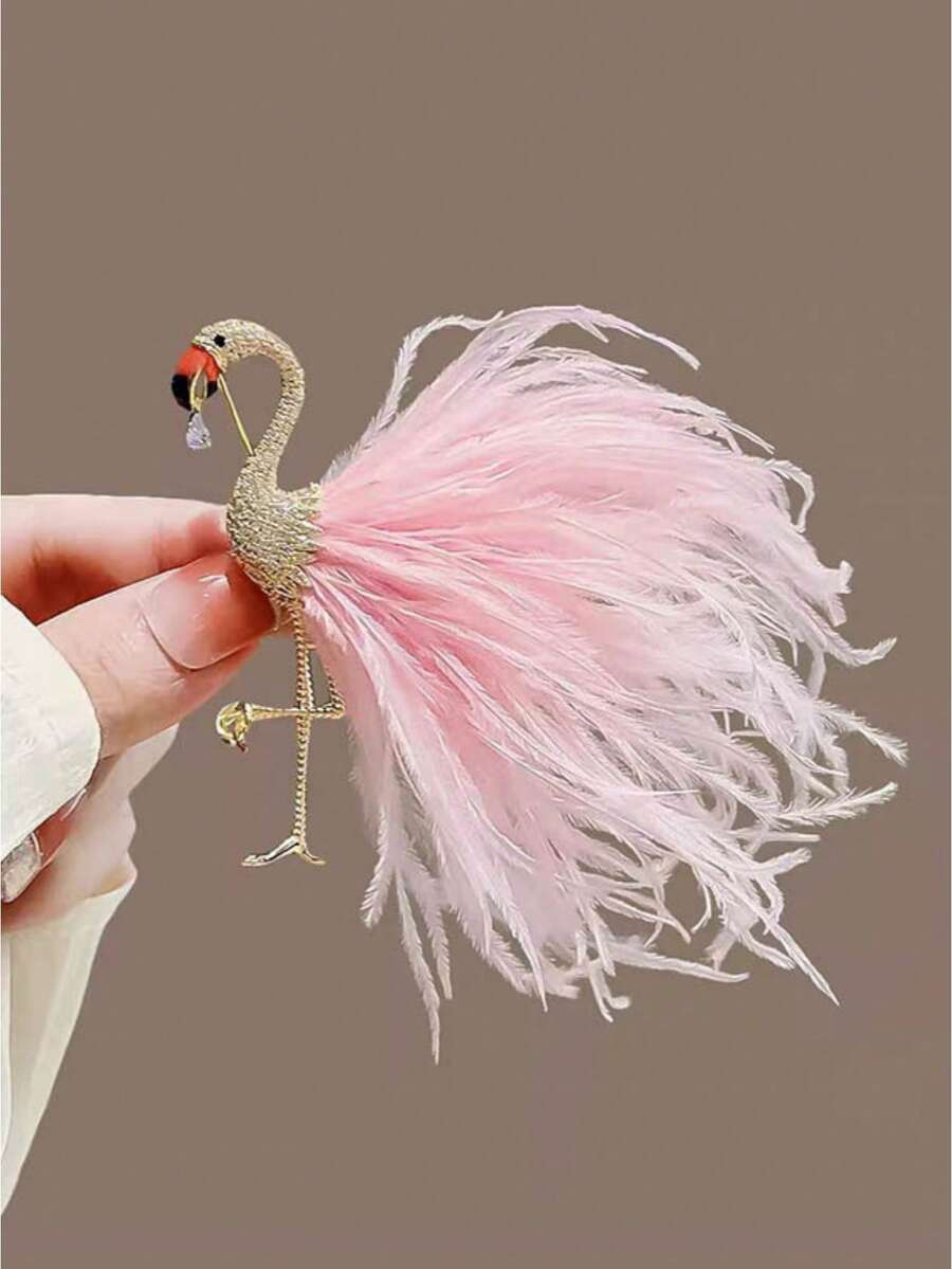 1pc Christmas Gift High-End Rhinestone Artificial Feather Brooch Clothing Accessory - Gold - View 1