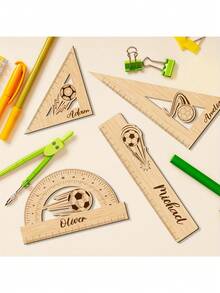 Juego de 4 reglas de madera con tema de fútbol, regla de medición 4 en 1, útiles escolares, papelería, herramientas de aprendizaje, herramientas de dibujo - Ver 4