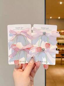 2pcs Pink Plaid Bow Cherry Hair Clips, Sweet Cute Side Bangs Hair Clips, Women's Daily Hair Accessories - Multicolor - View 4