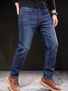 Celana Jeans Denim Slim Fit Pria dengan Detail Garis-Garis Tipis yang Terlihat, Bahan Elastis yang Nyaman, Tidak Ketat, Celana Jeans Kasual Serbaguna untuk Pakaian Kerja. - Biru - View 3