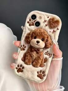 1pc Creative Brown Plush Teddy Cute Puppy Wave-Shaped Screen Edge Protection Phone Case Compatible With Apple 7/8/X/XR/XSMAX/11/12/13/14/15 - White - View 3