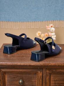 Women's All-Season Commuter High Heel Pumps, Square Toe Navy Blue Chunky Heel Mary Jane Shoes, Comfortable Versatile Slingback Sandals, Adjustable Hook And Loop Strap, Suitable For Shopping, Dating, Party, Gathering, Valentine's Day - Royal Blue - View 6