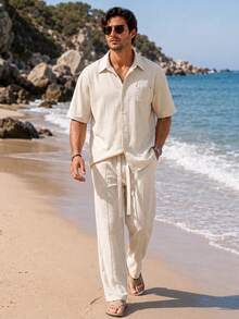 2pcs Apricot Faux Linen Men's Vacation Set, Men's Shirt And Long Pants Set, Loose Fit, Draping Breathable Long Pants Two Pieces Set, Vacation Style, Machine Washable, Suitable For Beach Vacation Wear. Style Runs Large. Please Size Down For A Better Fit - Apricot - View 5