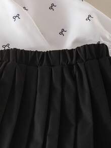 2pcs/Set Girls Toddler Outfit, Simple Casual Style Bow White Shirt And Black Pleated Skirt Set, Spring/Autumn - Black - View 8
