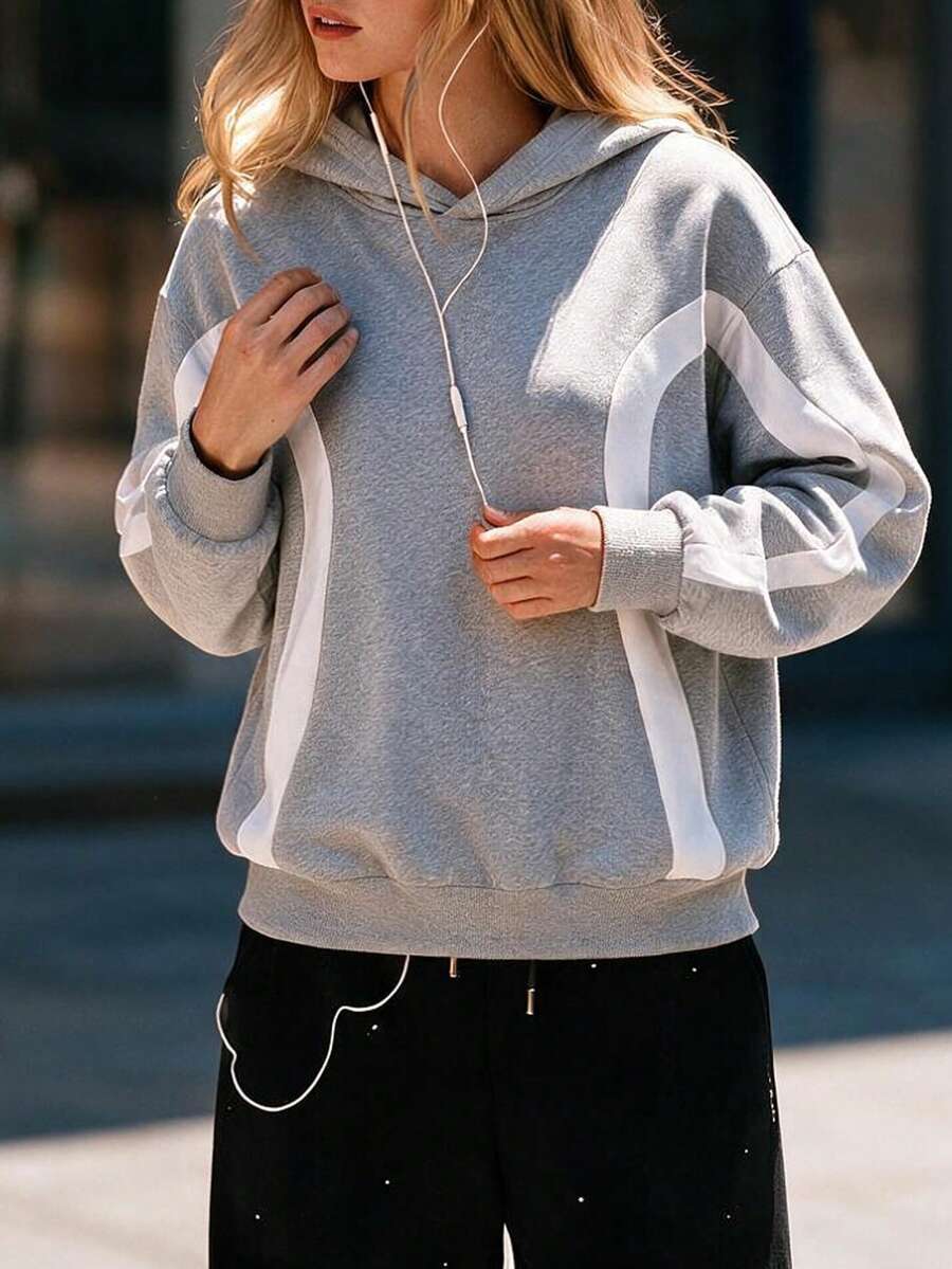 Women's Drawstring Pocket Sweatshirt, Curved Colorblock Front Print, Soft Fabric, Casual Loose Fit Sweatshirt For Autumn/Winter - Light Grey - View 1