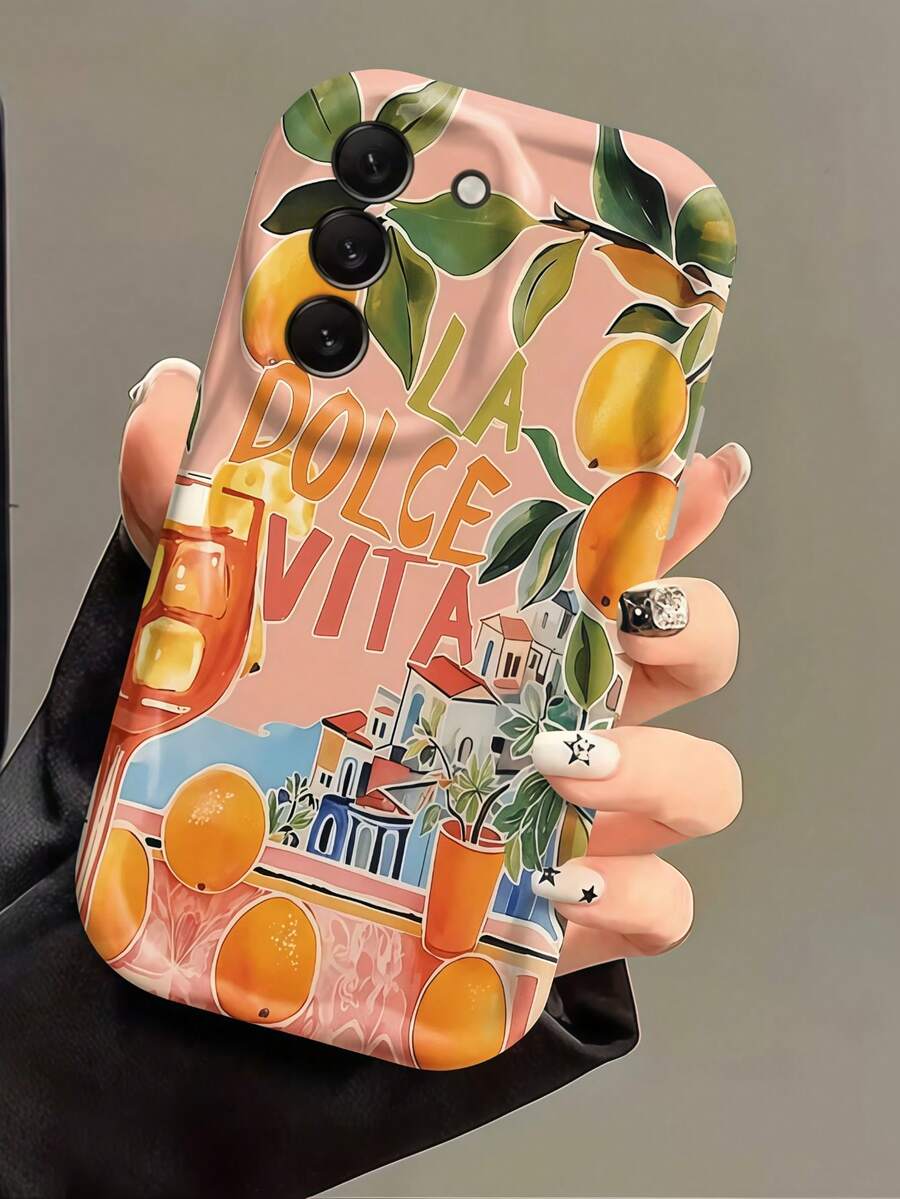 1pc Creamy Wavy Ins Shockproof Anti-Drop Protective Phone Case, Vintage Mediterranean Town Phone Shell Orange Fruit Wine Glass LADOLCEVITA Letter Print Wavy Edge Soft TPU Protective Phone Case, Compatible With Android Devices Anti-Drop Protective Shell Compatible With Samsung, Series Phones - White - View 1