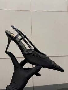 法式緞面高跟粉色包頭半拖鞋仙女鞋 2026 春/夏尖頭水鑽鞋 - 黑色 - 查看 8