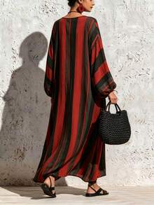Plus Size Street Style Minimalist Striped Colorblock Long Sleeve Dress - Red - View 2