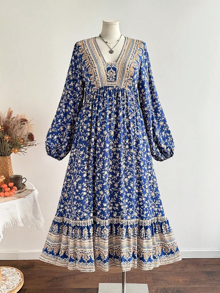 Rusttydustty Plus Size Women's Blue Bohemian Vacation Lantern Sleeve V-Neck Long Dress, Suitable For Autumn/Winter, Halloween Outfit - Dark Blue - View 2