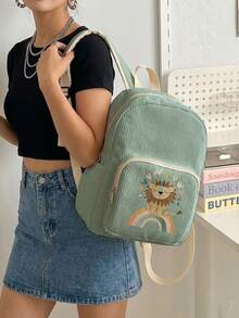 1 Piece Backpack, Women's Mini Backpack, Corduroy Girl School Bag, Travel Storage Bag, Animal Printed Design, Large‑Capacity Foldable Easy‑To‑Store Bag, Lightweight & Pressure‑Relieving, Multi‑Pocket Layered Design With Zipper Closure - Lion 22828 - View 3