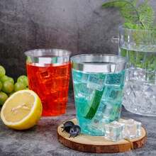 10pcs Silver Cups, 6.76oz Clear Cups With Silver Trim, Silver Beer Cups, Hard Cups For Party, Premium Silver Rimmed Cups, Perfect For Weddings And Parties - Silver - View 2