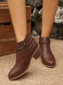 Women's Autumn/Winter New Vintage Western Style Woven Rope Buckle Ankle Boots, Chunky Heel Side Zipper Casual Ankle Boots - Brown - View 4