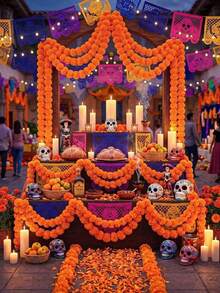MEHELANY 2pcs 4.92ft Long Orange Artificial Marigold Garland, Fluffy Artificial Marigolds, Suitable For Diwali, Day Of The Dead Decoration, Fireplace Hanging Decoration, Wedding, Halloween, Wall Decoration, Garden Decoration, Yard Decoration, Altar Decoration, Birthday Party, New Year Theme Party And Other Occasions. - Burnt Orange - View 4