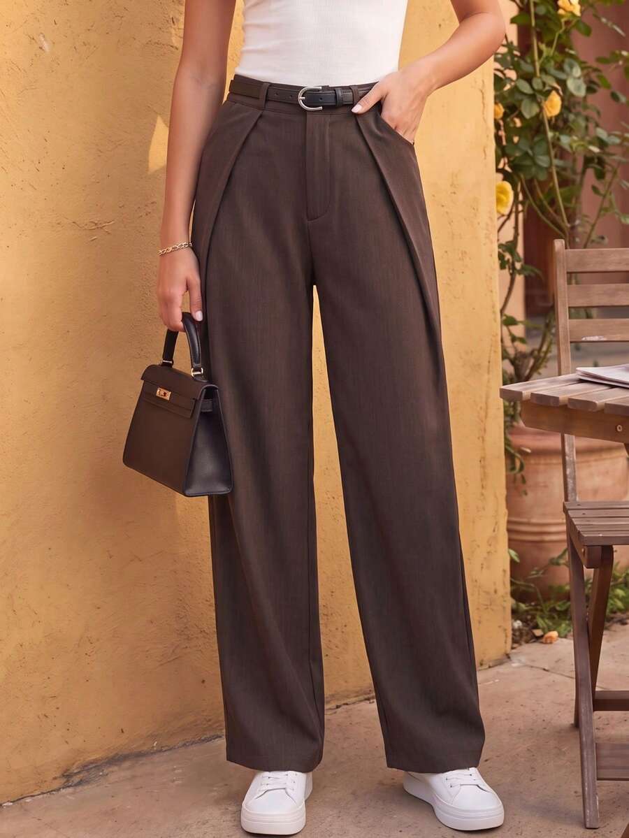 女款腰帶設計百褶舒適通勤寬腿褲 寬鬆優雅基本款百搭長褲 - 咖啡棕 - 查看 1