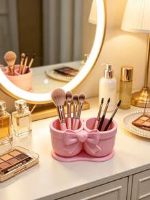 Bowknot Dual-Compartment Makeup Brush & Lipstick Storage Holder, INS Style Makeup Tool Organizer, Large Capacity Multifunctional High-Aesthetic Vanity Desktop Organizer - View 1