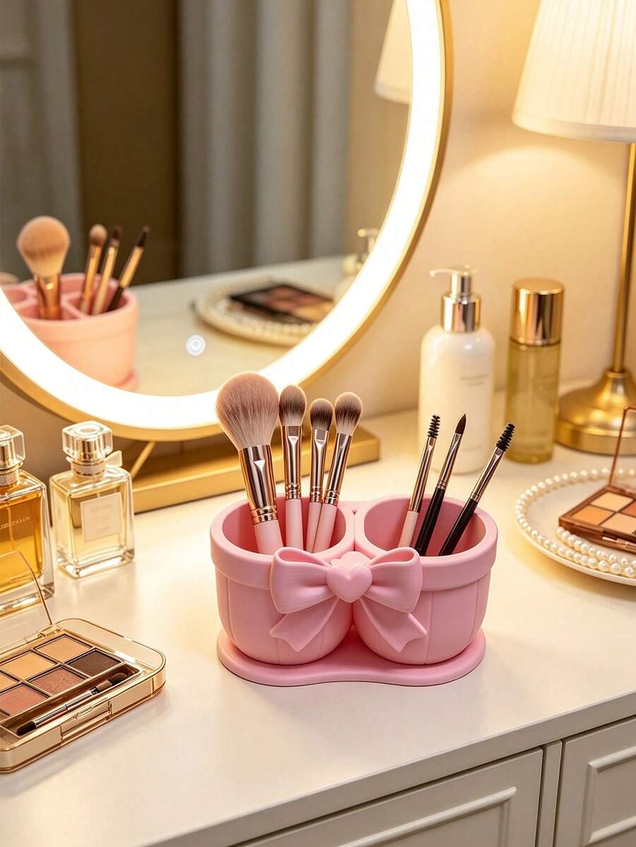 Bowknot Dual-Compartment Makeup Brush & Lipstick Storage Holder, INS Style Makeup Tool Organizer, Large Capacity Multifunctional High-Aesthetic Vanity Desktop Organizer - View 1