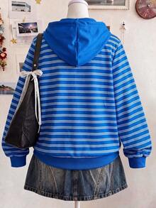 1pc Tween Boys Royal Blue & White Thin Striped Patchwork Hooded Sweatshirt, Minimalist Solid Color Brim Loose Fit Unisex Kids Spring Autumn Basic Casual Sweatshirt - Blue - View 4