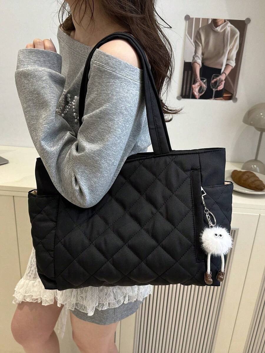 New Fashion Large Capacity Quilted Diamond Pattern Dual Handle Shoulder Tote Bag, Lightweight And Portable, Women's Wallet, Travel Essential Bag