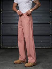 BLACKTOEXIT Spring/Autumn Men's & Women's High Street Sweet Cool Pink Loose Fit Versatile Denim Straight Leg Pants Fashionable Long Pants - Pink - View 4