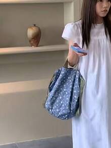 韓式花卉帆布托特包女款，大容量可折疊校園包，適合大學生通勤與旅行，單肩學生包，抓皺雲朵包 - 藍色 - 查看 4