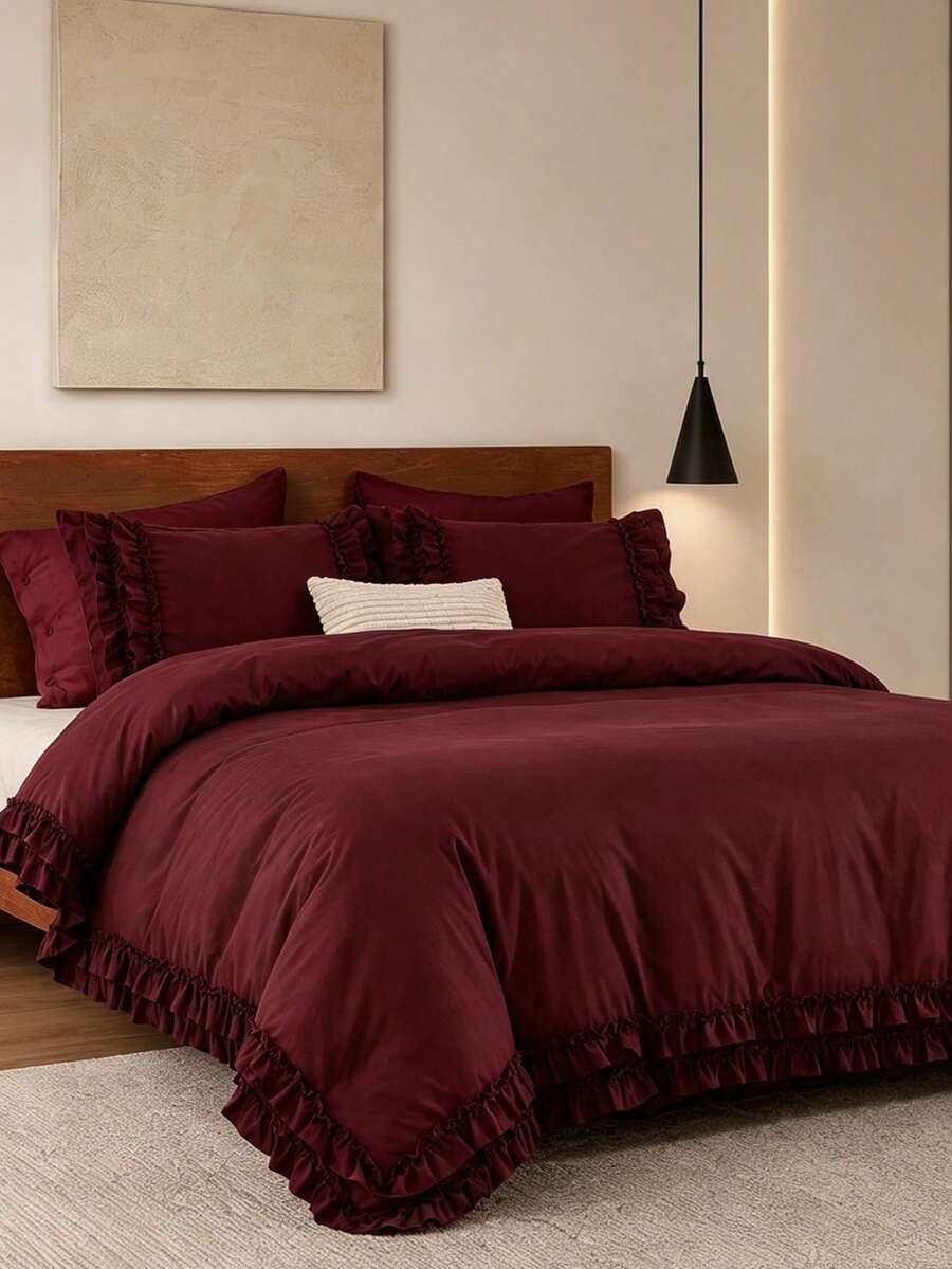 3pcs Skin-Friendly Soft Comfortable Burgundy Double Layer Ruffle Edge Duvet Cover Set (1*Duvet Cover + 2*Pillowcases, No Fillers), French Country Style, Lady Style, Girly Style, Bohemian Rural Style, Suitable For Bedroom, Guest Room, Boys And Girls Bedding, Machine Washable, All Season Use - Burgundy Solid Color - View 1