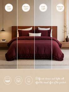3pcs Skin-Friendly Soft Comfortable Burgundy Double Layer Ruffle Edge Duvet Cover Set (1*Duvet Cover + 2*Pillowcases, No Fillers), French Country Style, Lady Style, Girly Style, Bohemian Rural Style, Suitable For Bedroom, Guest Room, Boys And Girls Bedding, Machine Washable, All Season Use - Burgundy Solid Color - View 9