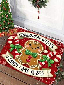 1pc Christmas Candy Man And Candy Cane Pattern Welcome Doormat, Machine Washable, Faux Cashmere Material, Suitable For Bathroom, Living Room, Bedroom, Kitchen, Office, Home Decor, Christmas Holiday Party Decoration - A - View 3