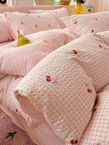 Comfortable Bedding Set, Red Cherry Bow Print, Light Pink Plaid Pattern, Includes 1*Duvet Cover+1/2*Pillowcases, 100% Polyester, With Tie And Zipper Design, Comfortable Touch, Soft Fabric, No Filling - Baby Pink - View 5