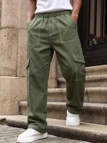 1pc Teen Boy Vintage Casual Minimalist Denim Effect Pockets Cargo Pants, Spring/Summer/Autumn/Winter - Army Green - View 8