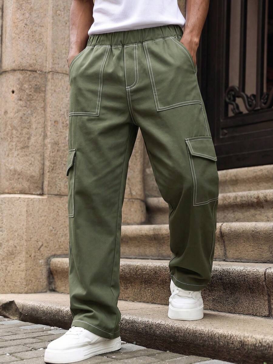 1pc Teen Boy Vintage Casual Minimalist Denim Effect Pockets Cargo Pants, Spring/Summer/Autumn/Winter - Army Green - View 1