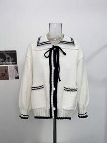 Autumn/Winter New Sweet Preppy Style Lazy Knit Cardigan Jacket With Turn-Down Collar - White - View 8