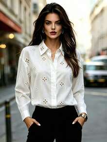 Fashionable Women's Embroidered Hollow Semi-Sheer Blouse, Front Button Long Sleeve White Shirt, Classic Shirt Collar, Elegant Style - White - View 7