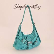 STEPHIECATHY Women's Shoulder Bag Retro Brush Off Color Washed PU Vegan Leather Buckle Belts Metal Eyelets Decoration Punk Y2K Style Adjustable Strap Hobo Handbag - Multicolor - View 3