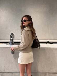 Sweater Rajut Joy untuk Wanita, Gaya Baru Musim Gugur/Dingin - Atasan Serbaguna - Fesyen Kasual Minimalis, Warna Polos, Resleting, Kerah Lebar, Musim Gugur - Aprikot - View 5