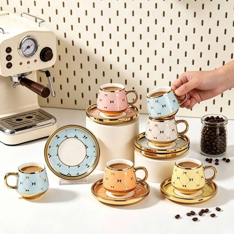 6 Sets/1 Set 90ml Ceramic Coffee Cup And Saucer Set, Microwave And Dishwasher , Espresso Cup, Arabic Coffee Cup, Suitable For Afternoon Tea, Coffee Shop, Kitchen, Home Decor, Ideal Gift Choice - Multicolor - View 1