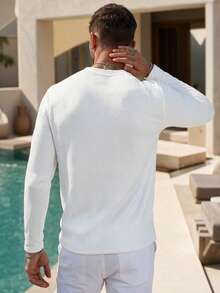 Men's Autumn/Winter Asymmetrical Diagonal Stripe Solid Color Crew Neck Long Sleeve T-Shirt - White - View 5