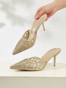 Women's Spring/Summer Fashion Hollow-Out Glitter Comfortable Elegant Elegant Mule High Heel Sandals Soft Pointed Toe Wine Glass Heel - Gold - View 2