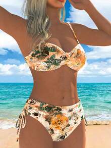 Women's Summer Beach Full-Print Floral Spaghetti Strap Bikini Set 2 Pieces Set Vacation - Orange - View 3