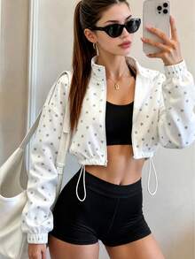 Women's Star Print Drawstring Waist Short Sports Jacket, Casual Sporty Style For Spring And Autumn, Effortlessly Create A Fashionable Look - White - View 6