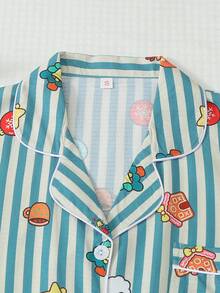 2pcs Comfortable Blue & White Striped Christmas Pattern Short Sleeve Collared Top And Bowknot Shorts Women's Pajama Set - Blue - View 3