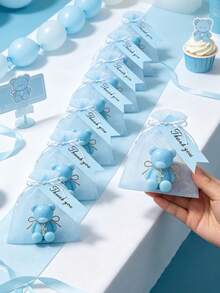 12/6/1 Set - Baptism Gift Set - Blue Teddy Bear Scented Candle Includes Blue Organza Bag And Blue Thank You Tag, DIY Fillable Gift Bag Suitable For Gender Reveal Party, Baby Shower Party Gift, Guest Favor, Christian Baptism, Communion, Church Event, Religious Gift, Ideal Party Favor - Multicolor - View 8