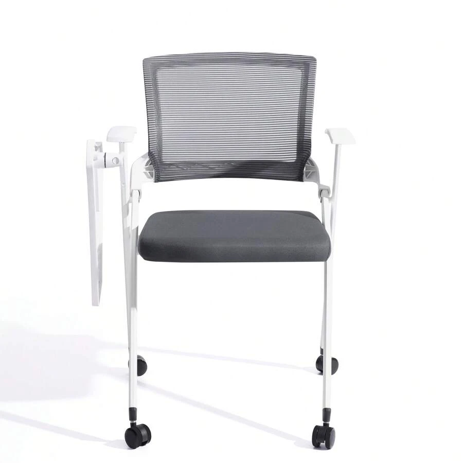 Modern Conference Chair With Mesh Backrest, Folding Office Seating - Dark Gray - With Tabletop and Wheels - View 1